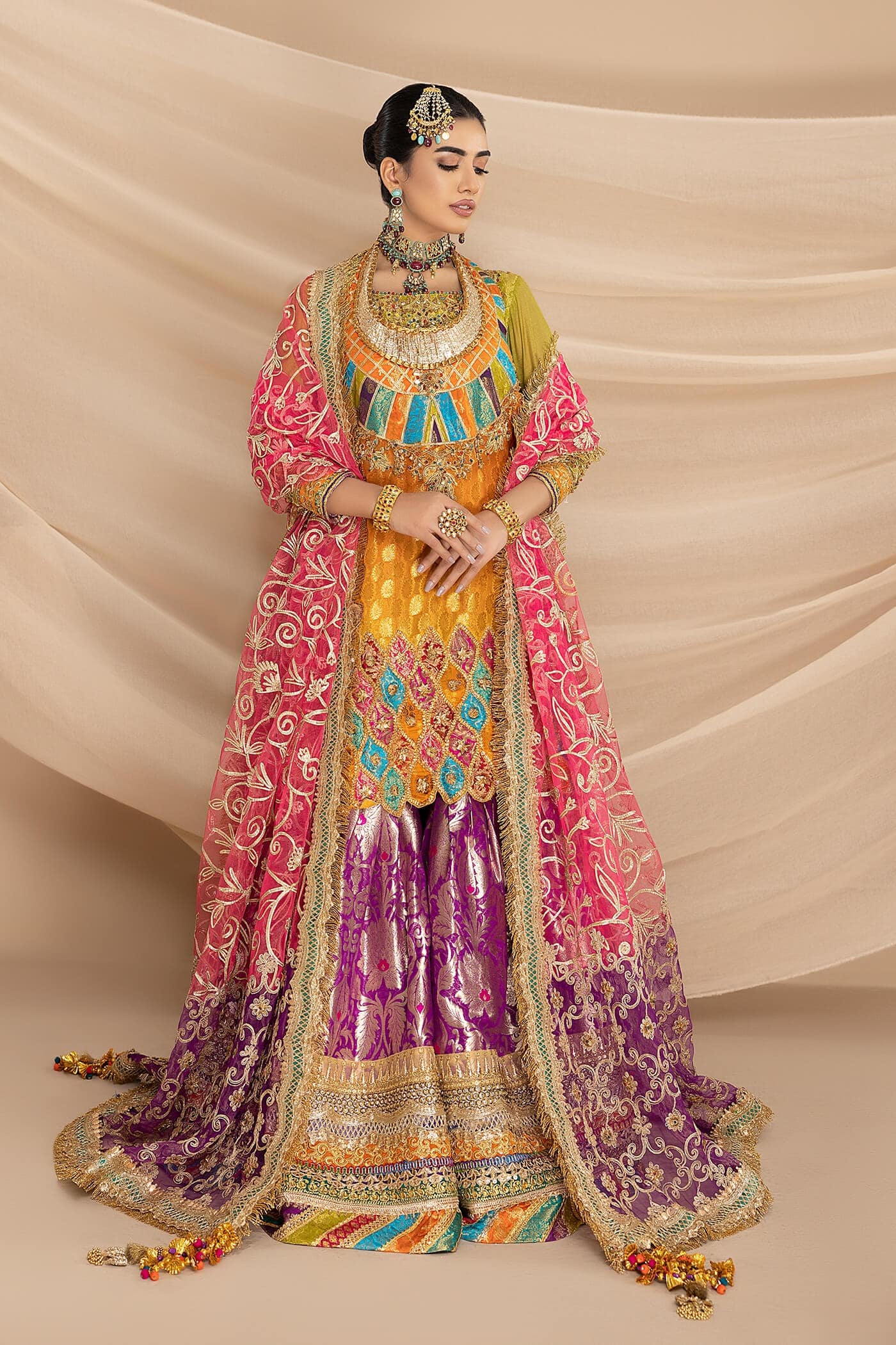 Pakistani Multi-Colour Gota Embroidered Chiffon & Kimkhaab Gharara (3-Piece) - Image 3