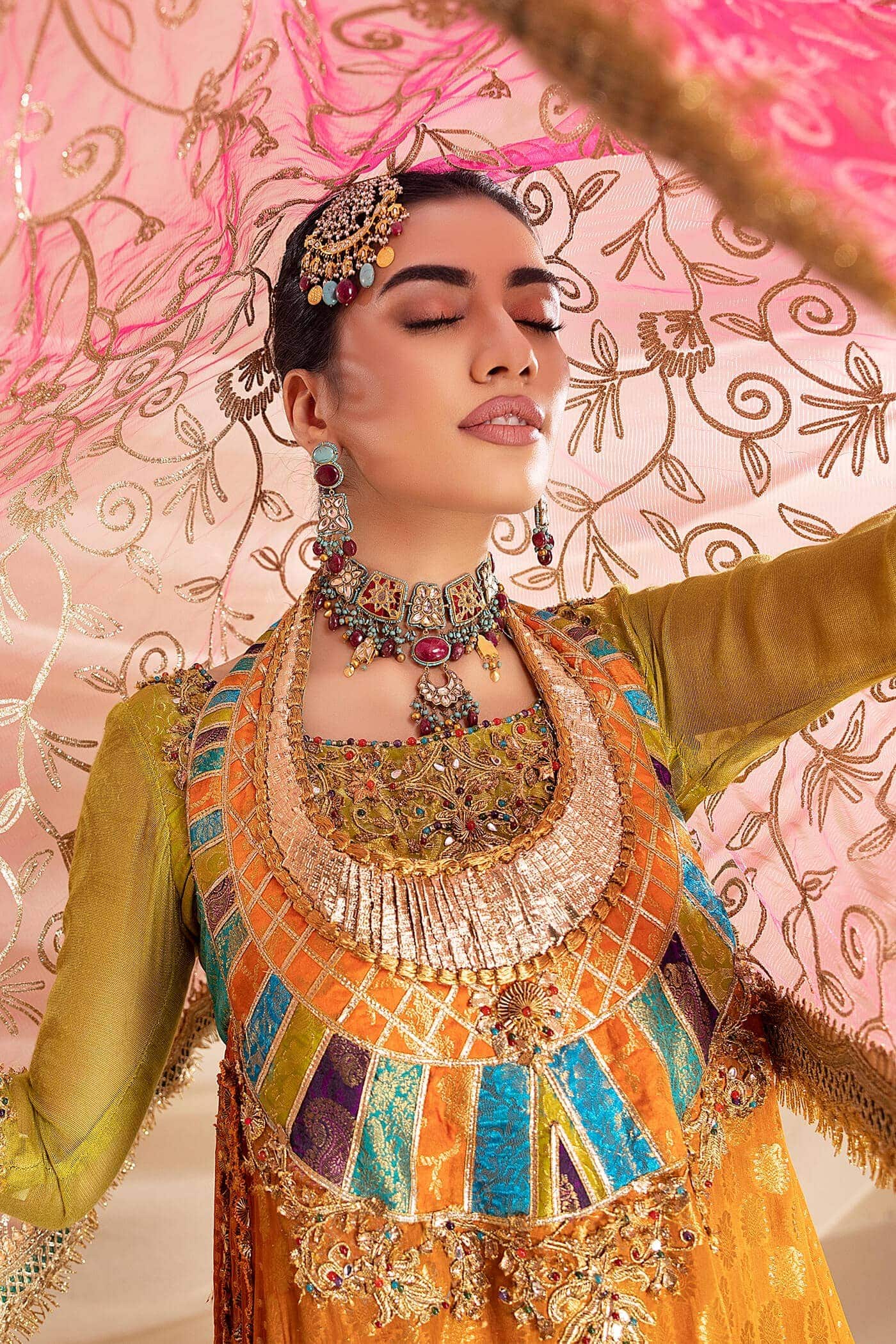 Pakistani Multi-Colour Gota Embroidered Chiffon & Kimkhaab Gharara (3-Piece) - Image 4