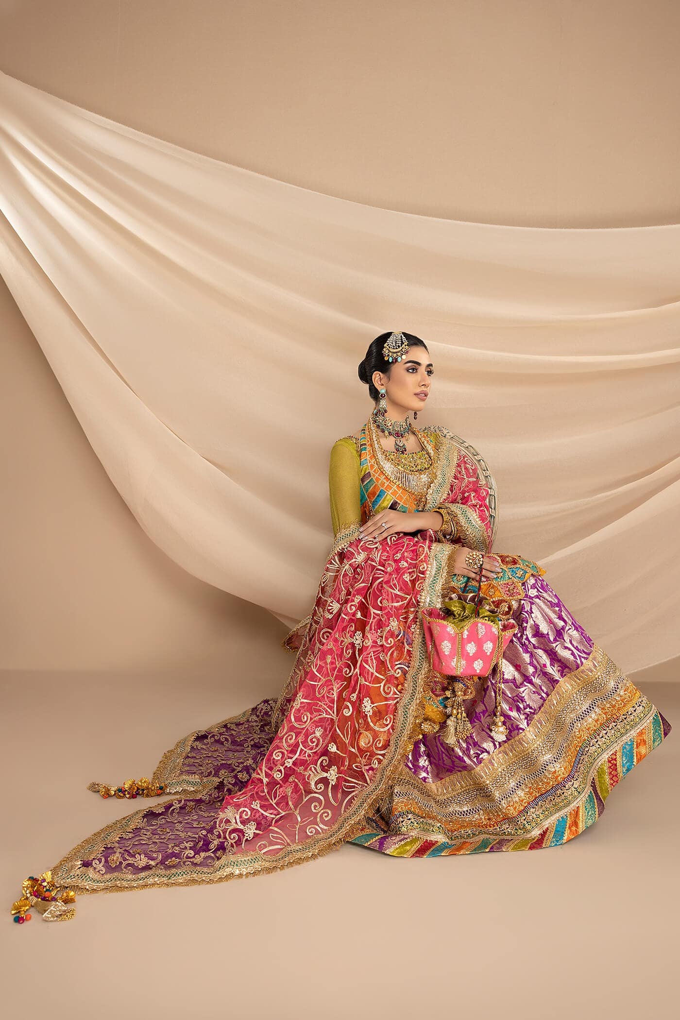 Pakistani Multi-Colour Gota Embroidered Chiffon & Kimkhaab Gharara (3-Piece) - Image 5