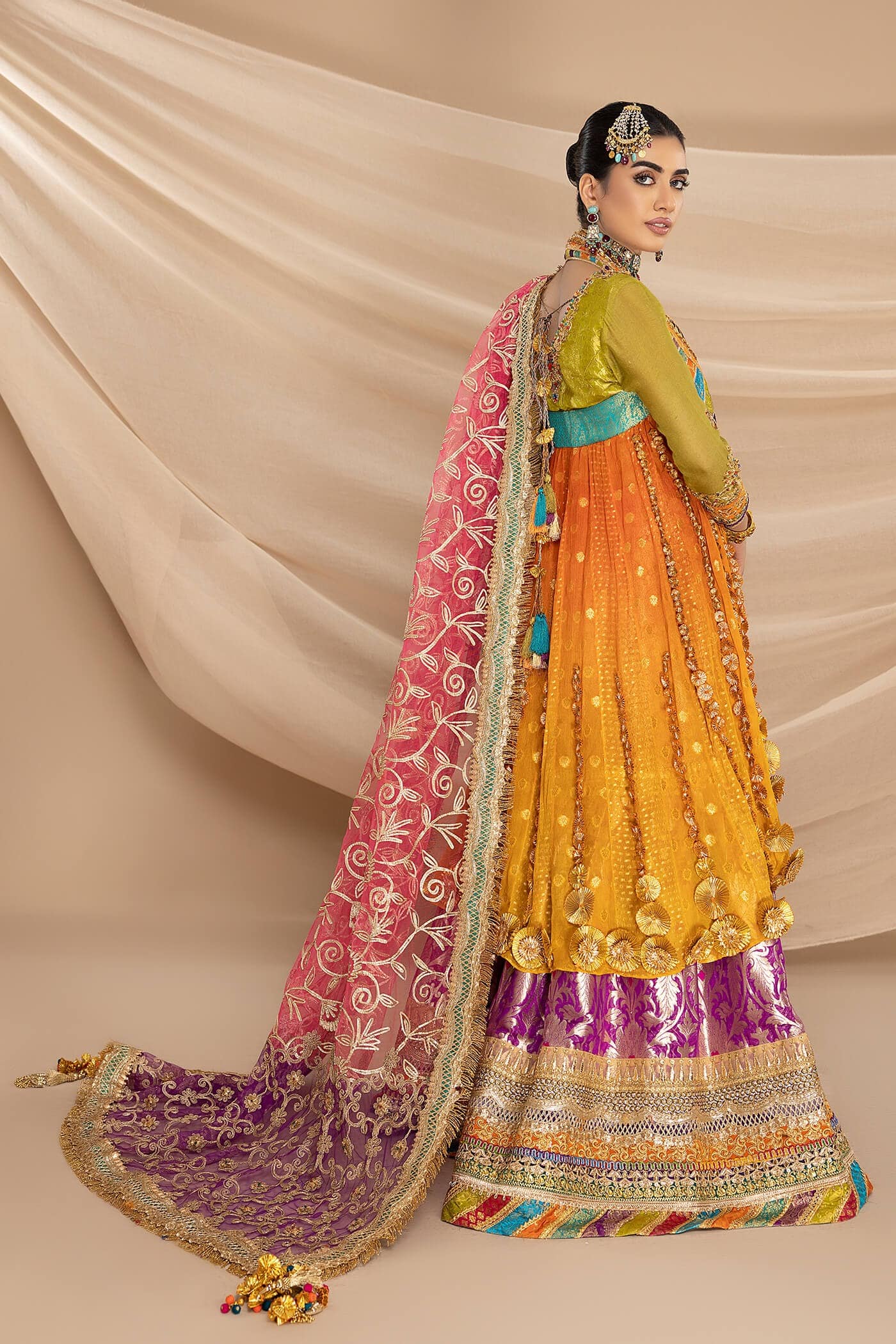 Pakistani Multi-Colour Gota Embroidered Chiffon & Kimkhaab Gharara (3-Piece) - Image 6