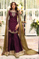 Purple Embroidered Chiffon Shirt & Silk Gharara (3-Piece) - Image 3