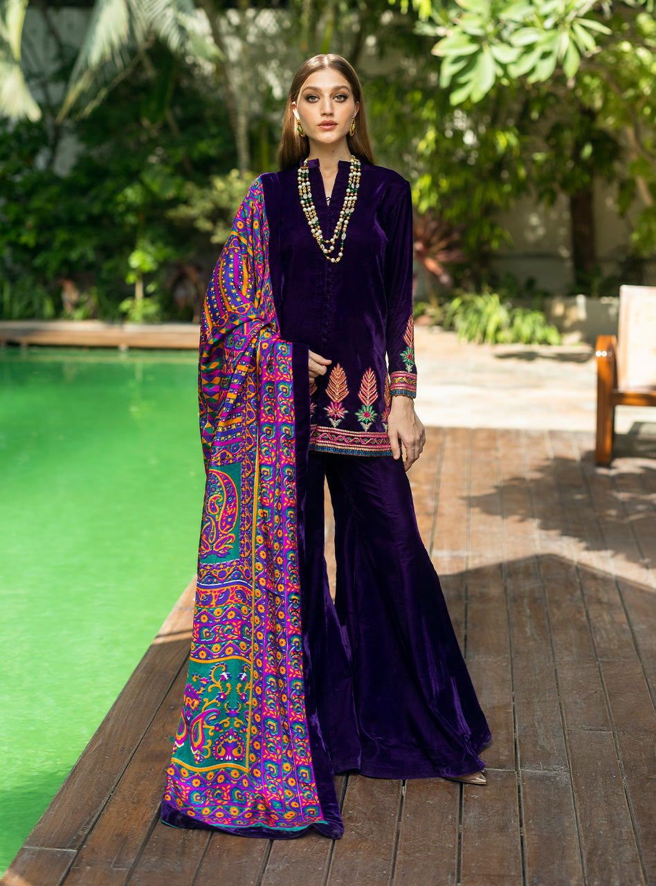 Royal Purple Embroidered Velvet Gharara (3-Piece) - Image 1