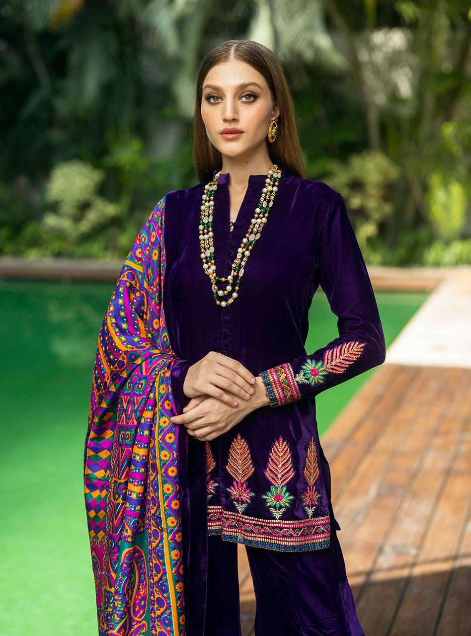 Royal Purple Embroidered Velvet Gharara (3-Piece) - Image 2