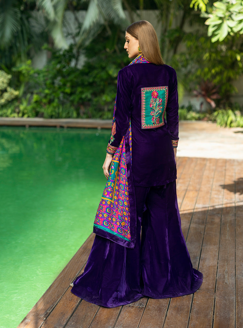 Royal Purple Embroidered Velvet Gharara (3-Piece) - Image 3
