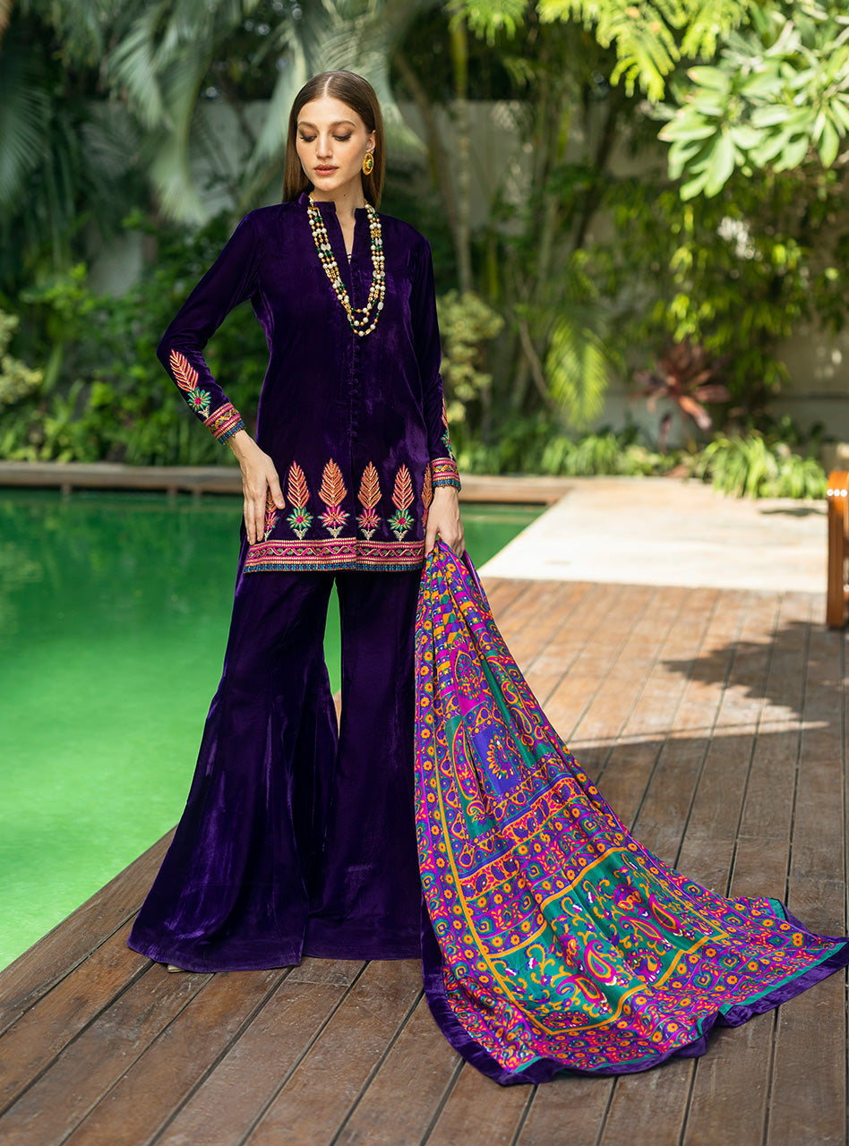 Royal Purple Embroidered Velvet Gharara (3-Piece) - Image 4