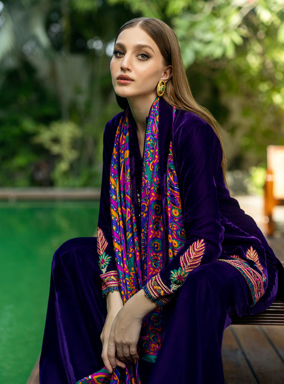 Royal Purple Embroidered Velvet Gharara (3-Piece) - Image 5