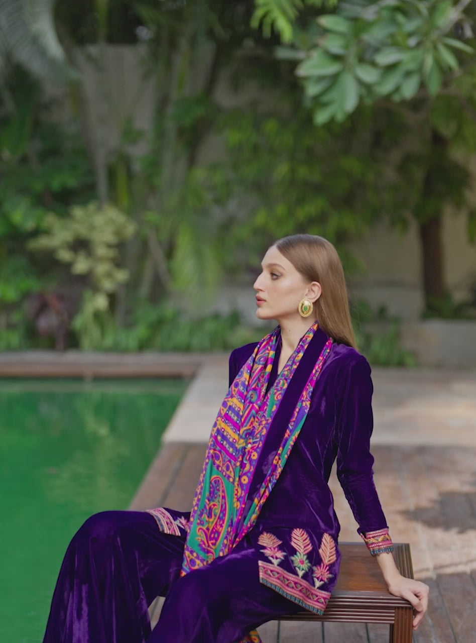 Royal Purple Embroidered Velvet Gharara (3-Piece) - Image 7