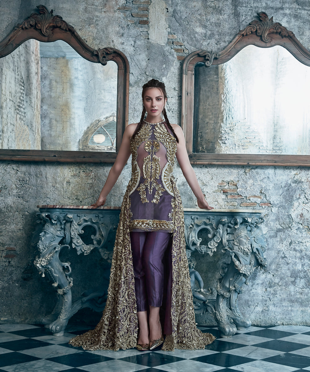 Deep Purple Rustic Gold Net High-Low Gown (2-Piece) - Image 1