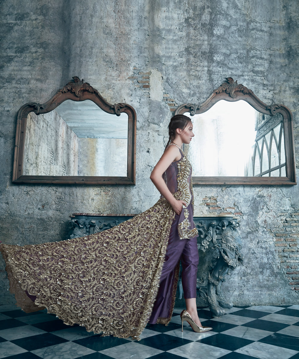 Deep Purple Rustic Gold Net High-Low Gown (2-Piece) - Image 2