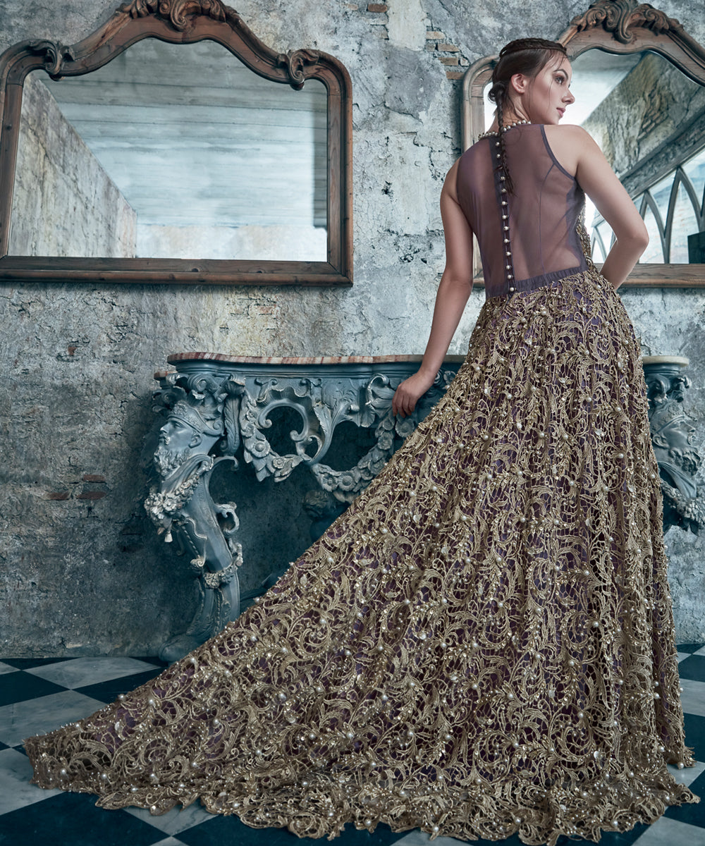 Deep Purple Rustic Gold Net High-Low Gown (2-Piece) - Image 3