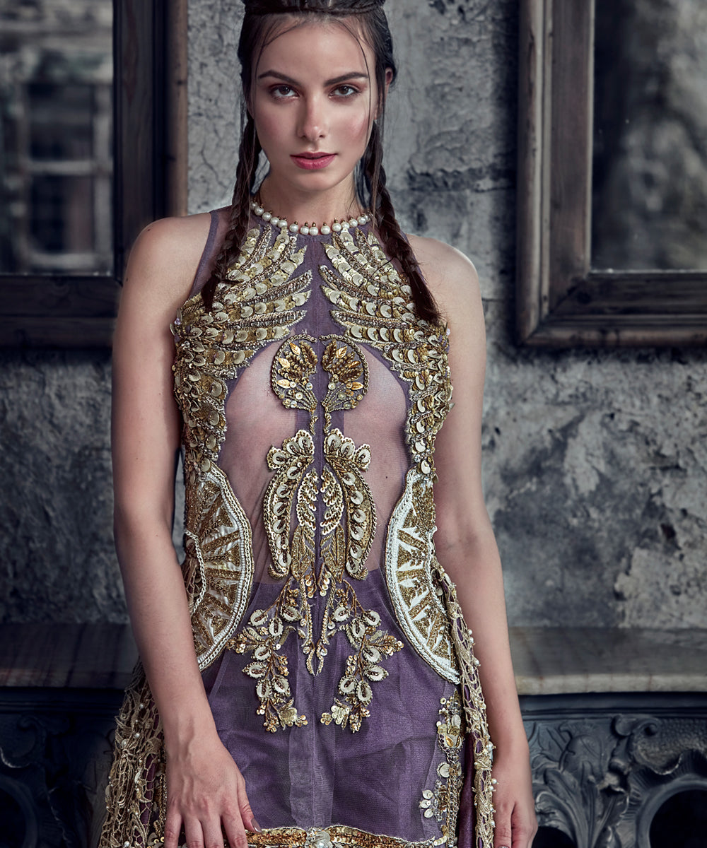 Deep Purple Rustic Gold Net High-Low Gown (2-Piece) - Image 4