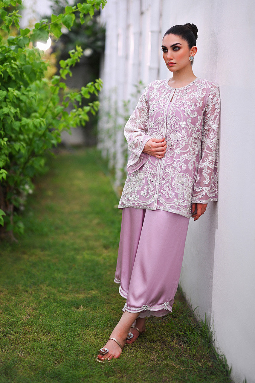 Pakistani Lilac Aari Embroidered Organza Jacket Set (3-Piece) - Image 1