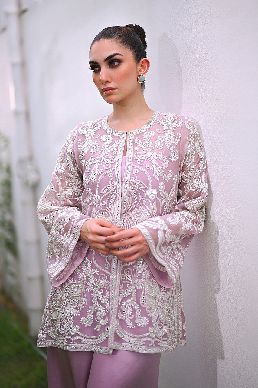 Pakistani Lilac Aari Embroidered Organza Jacket Set (3-Piece) - Image 5