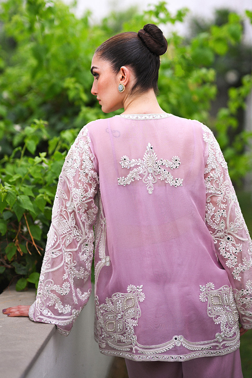 Pakistani Lilac Aari Embroidered Organza Jacket Set (3-Piece) - Image 6