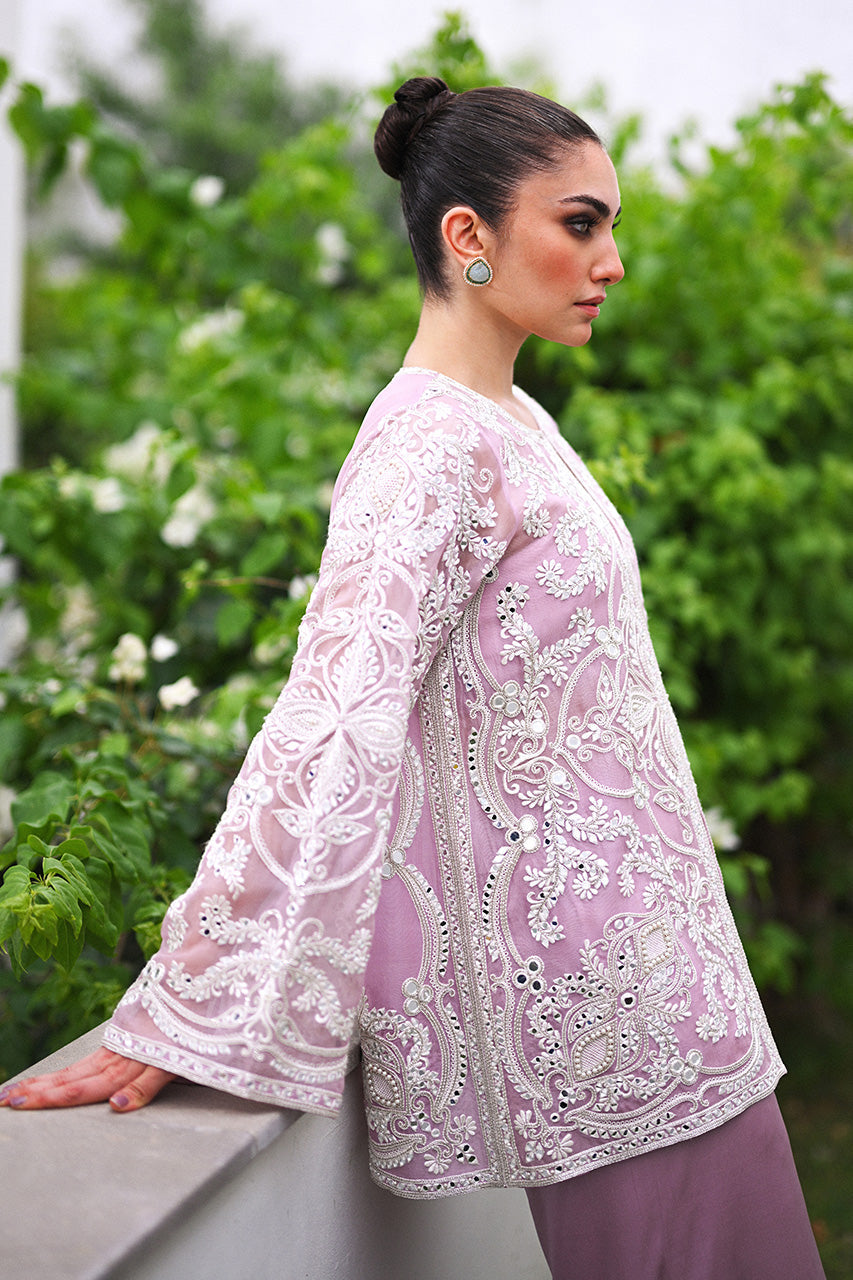 Pakistani Lilac Aari Embroidered Organza Jacket Set (3-Piece) - Image 7
