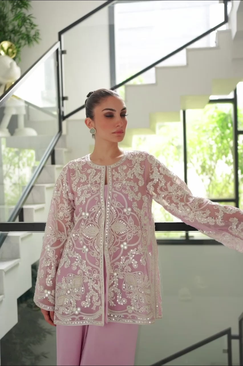 Pakistani Lilac Aari Embroidered Organza Jacket Set (3-Piece) - Image 8