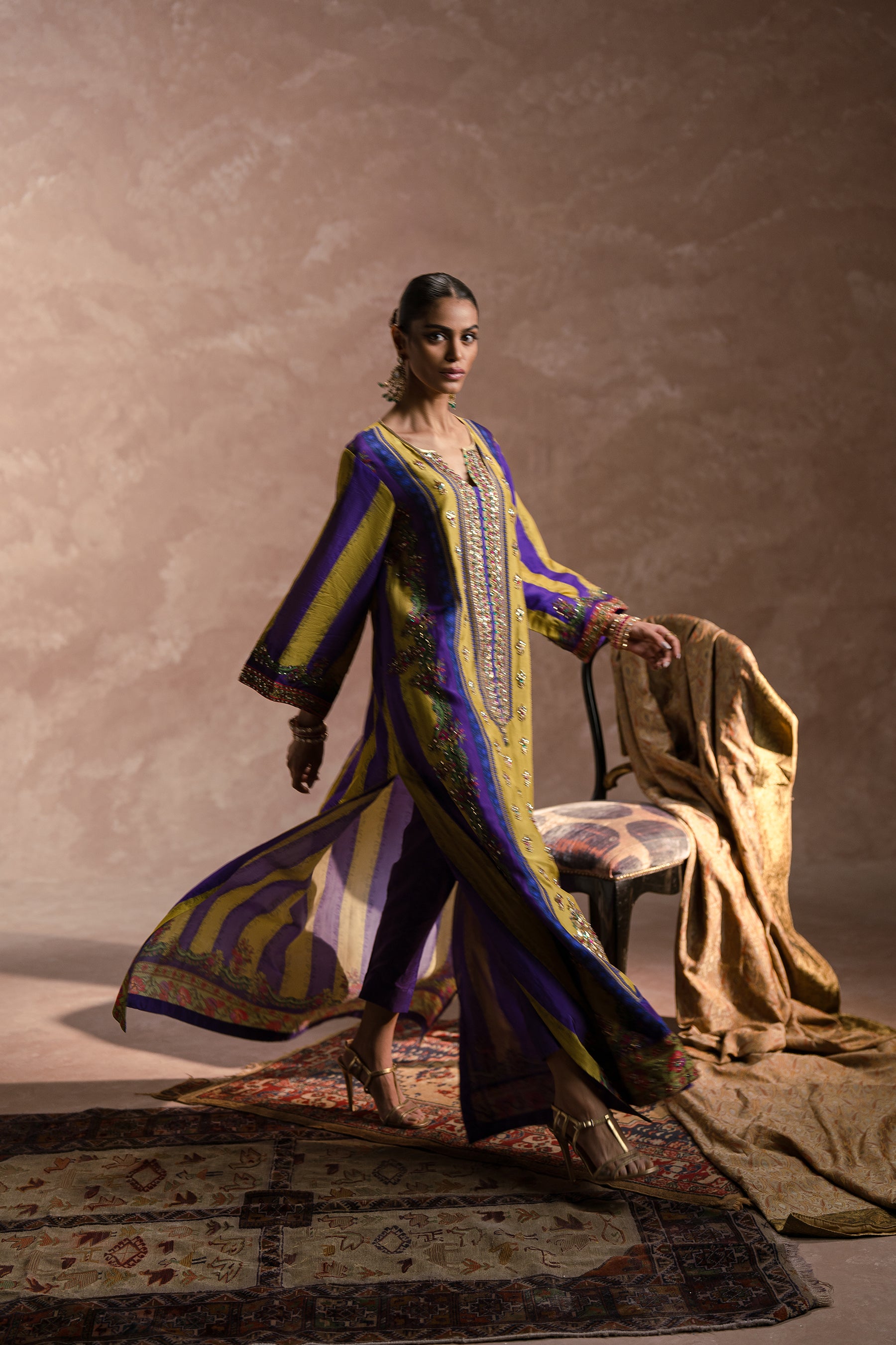 Purple & Green Embellished Silk Kaftan Set (2-Piece) - Image 2