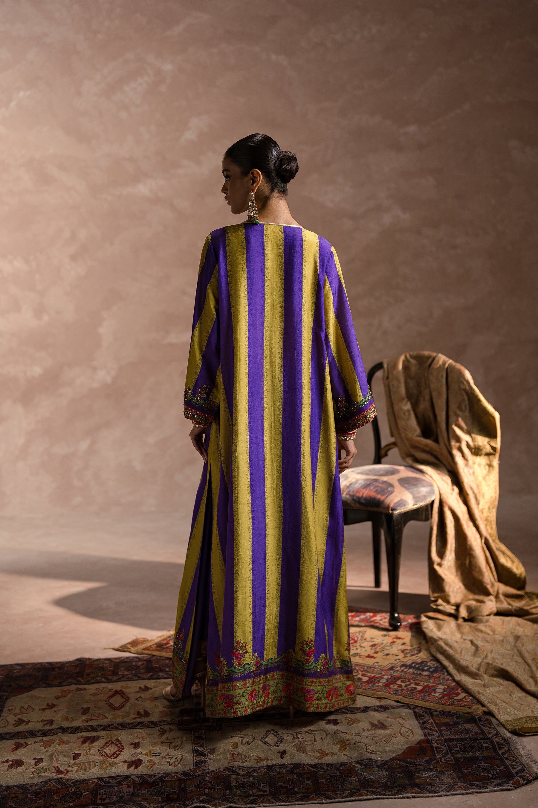 Purple & Green Hand-Embellished Silk Kaftan (2-Piece) - Image 4