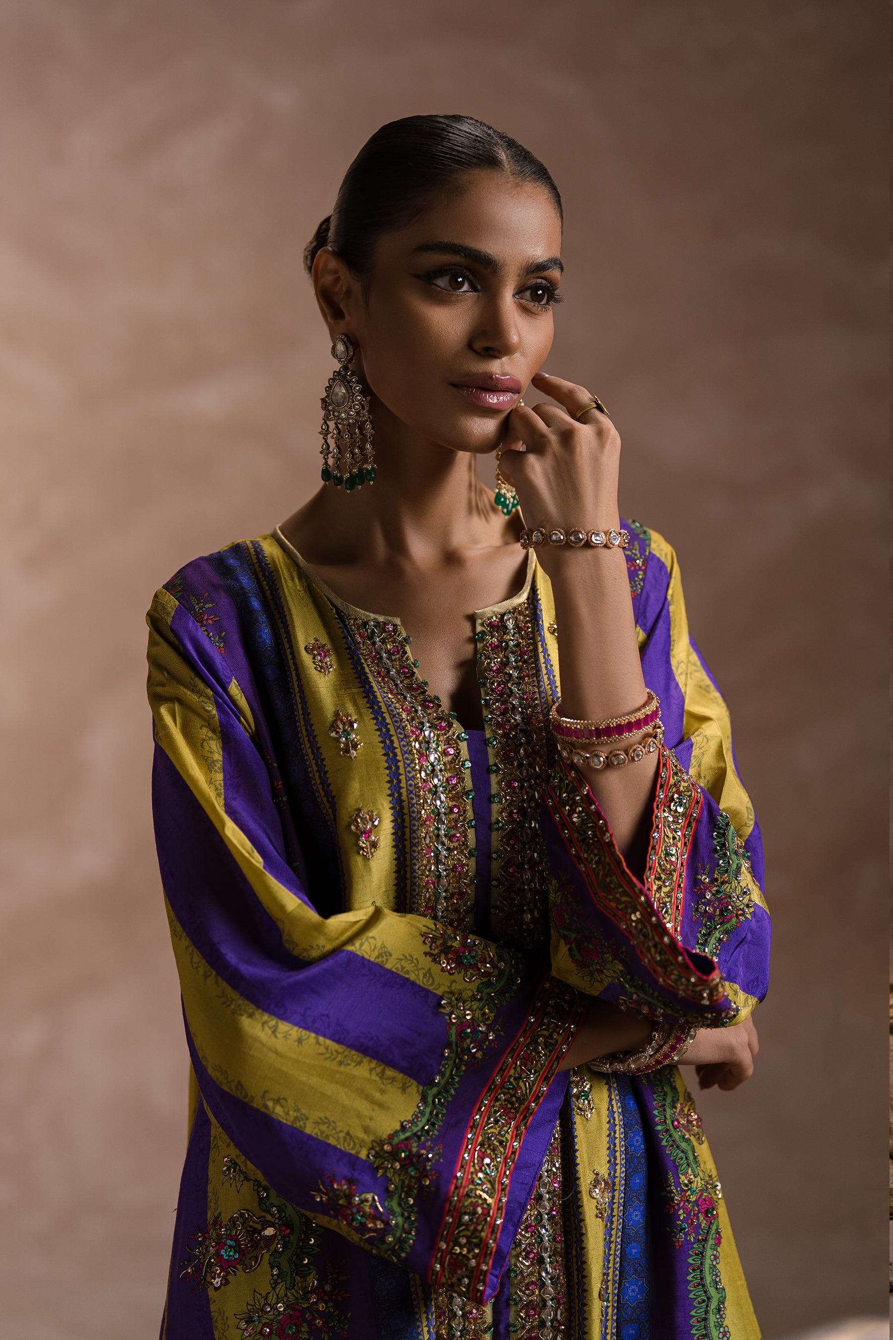 Purple & Green Hand-Embellished Silk Kaftan (2-Piece) - Image 5