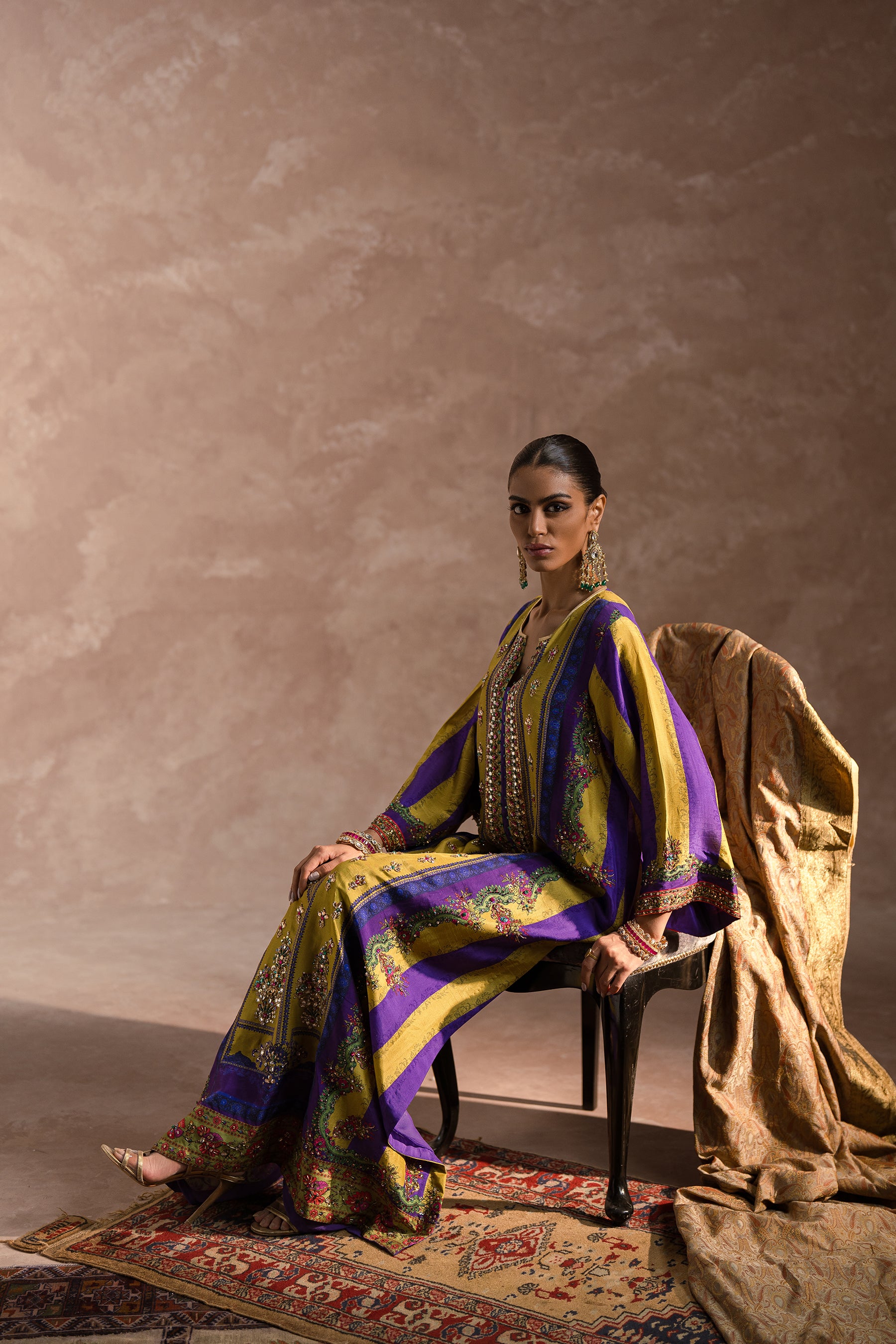 Pakistani Purple & Green Embellished Silk Kaftan Set (2-Piece) - Image 3