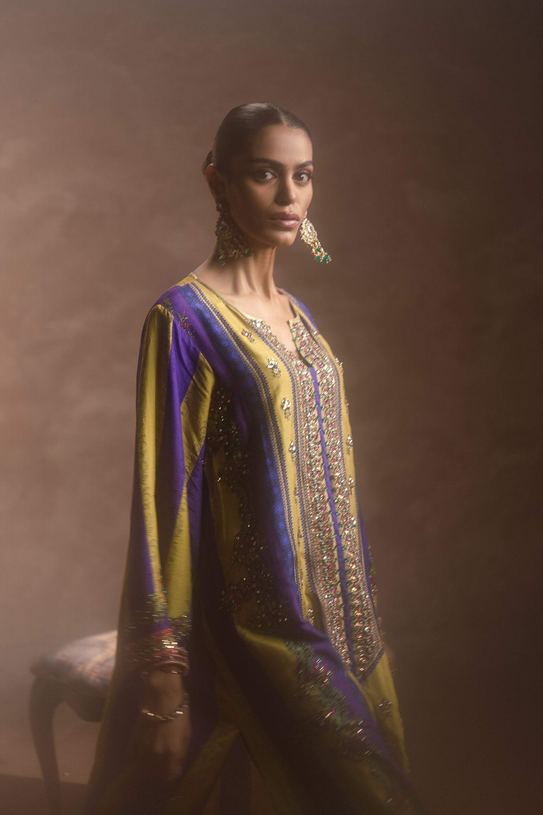 Pakistani Purple & Green Embellished Silk Kaftan Set (2-Piece) - Image 6