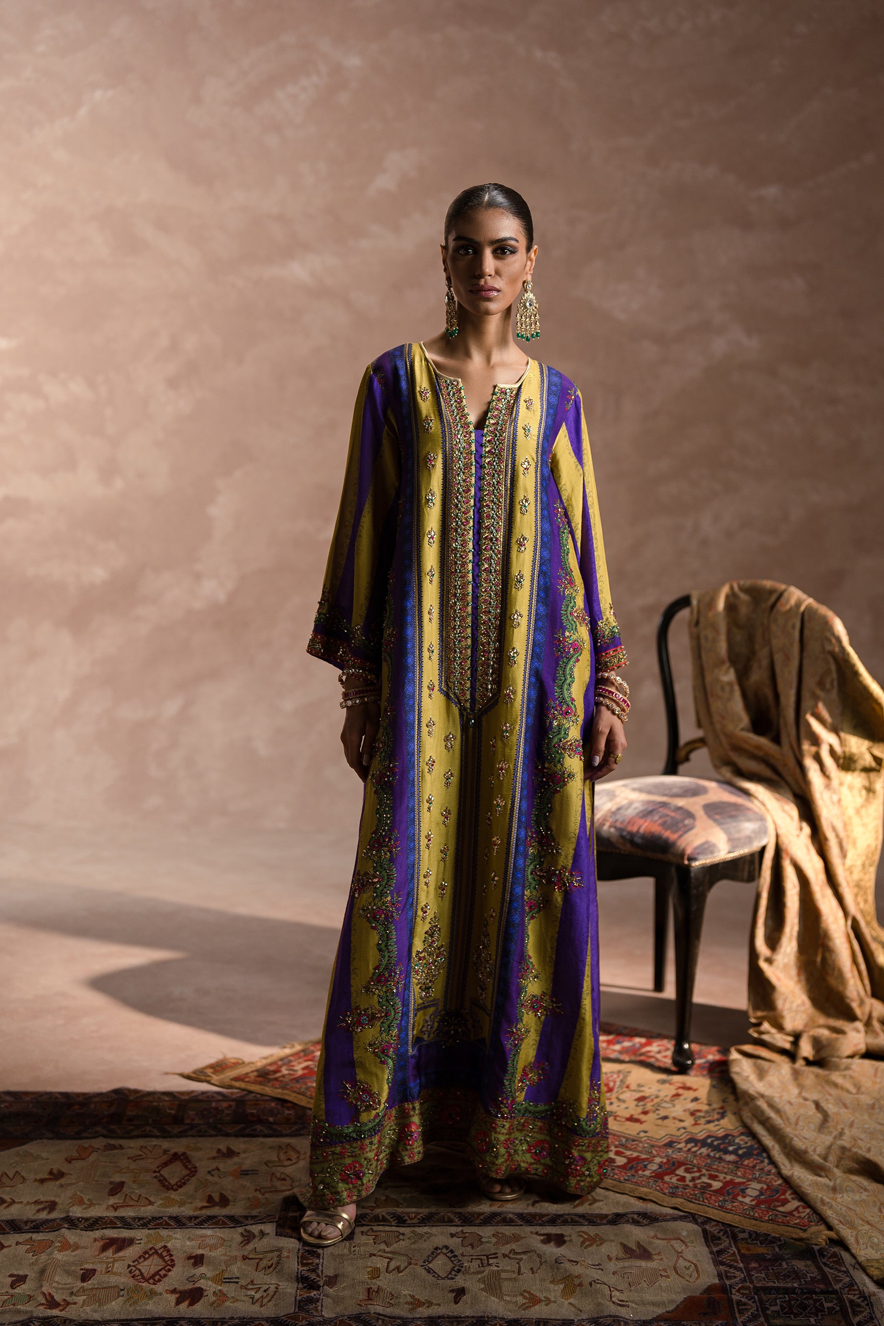 Purple & Green Hand-Embellished Silk Kaftan (2-Piece) - Image 1
