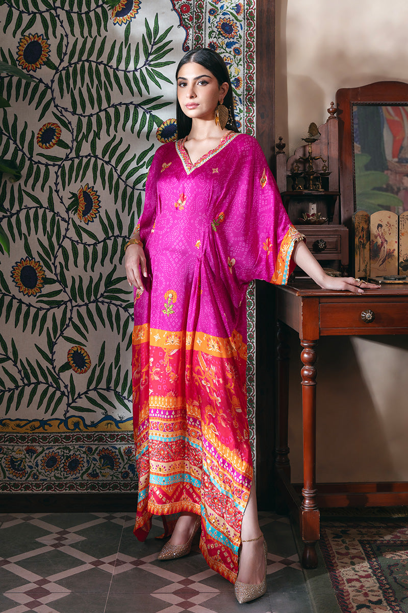 Purple Hand-Embellished Charmeuse Silk Kaftan (1-Pc) - Image 1