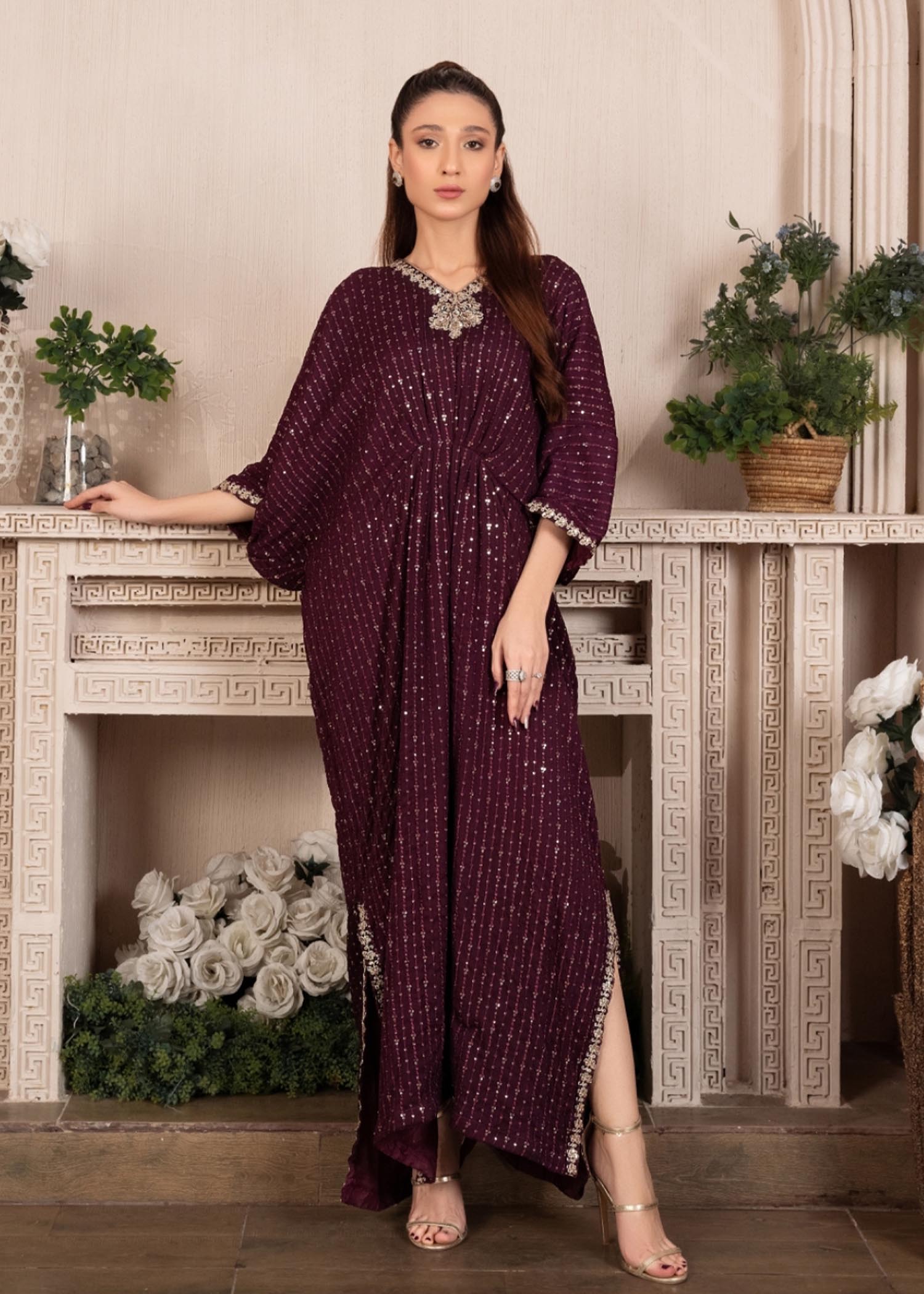 Pakistani Plum Embroidered Chiffon Kaftan (1-Pc) - Image 1