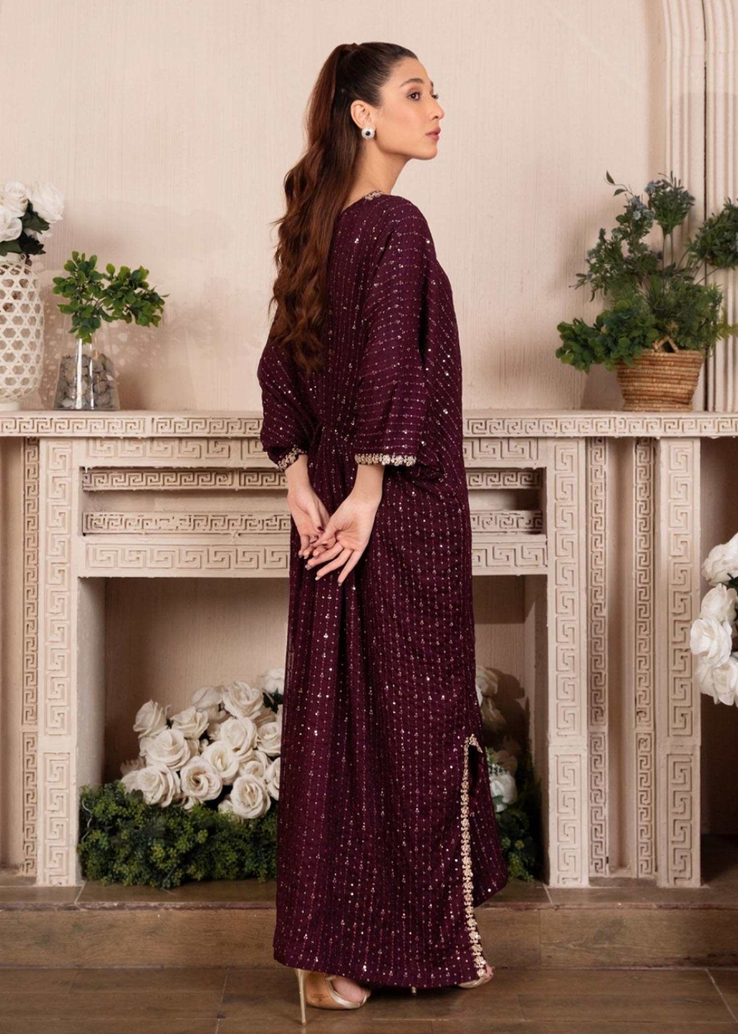 Pakistani Plum Embroidered Chiffon Kaftan (1-Pc) - Image 3
