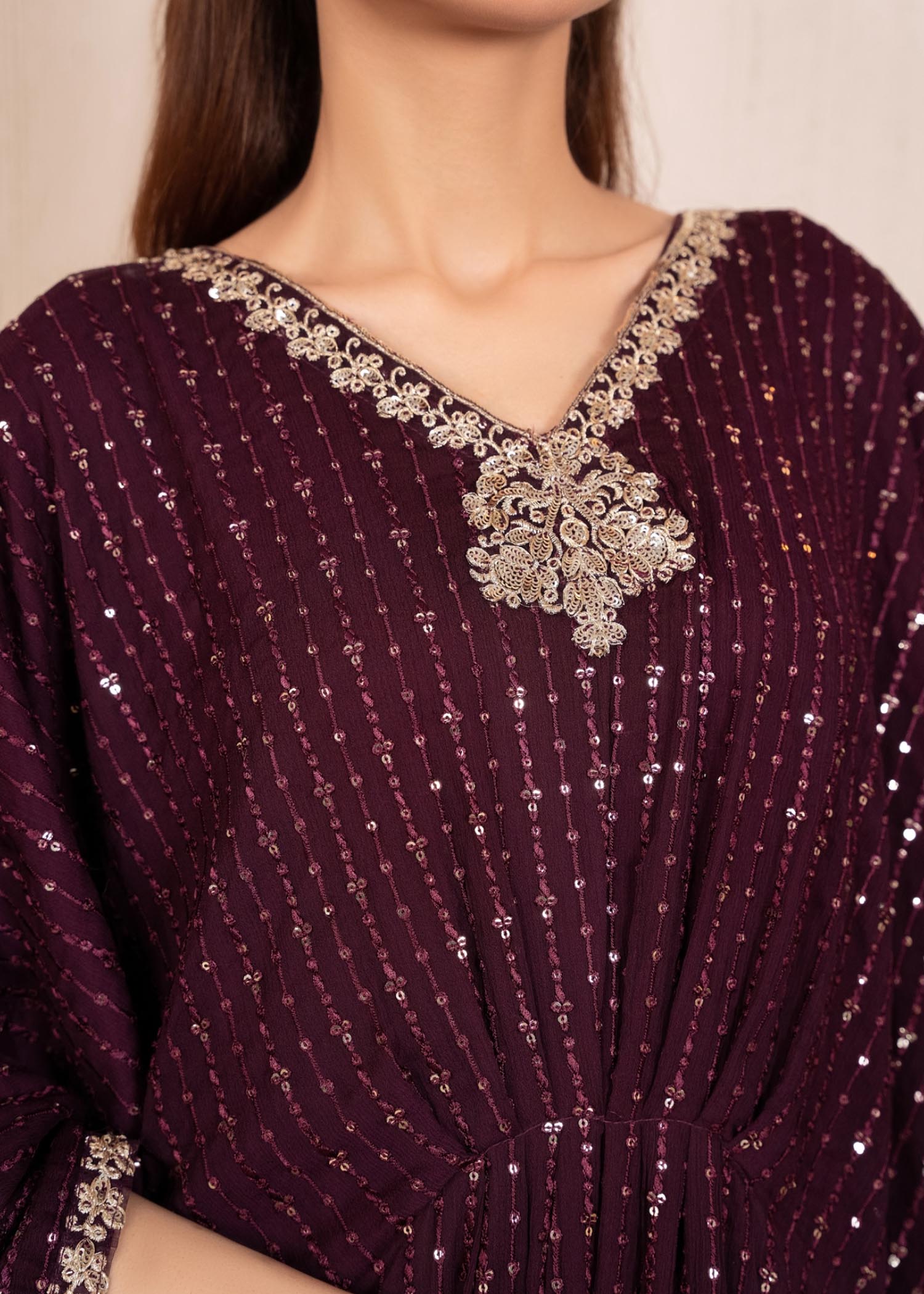 Pakistani Plum Embroidered Chiffon Kaftan (1-Pc) - Image 5