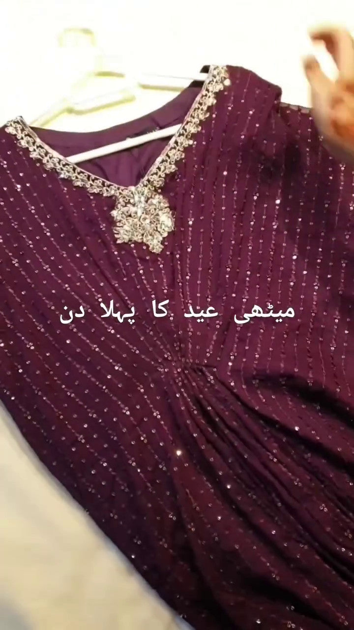Pakistani Plum Embroidered Chiffon Kaftan (1-Pc) - Image 7