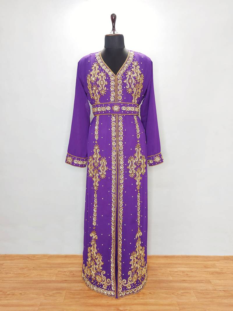 Purple Beaded Georgette Moroccan Kaftan (2-Piece) - Image 1