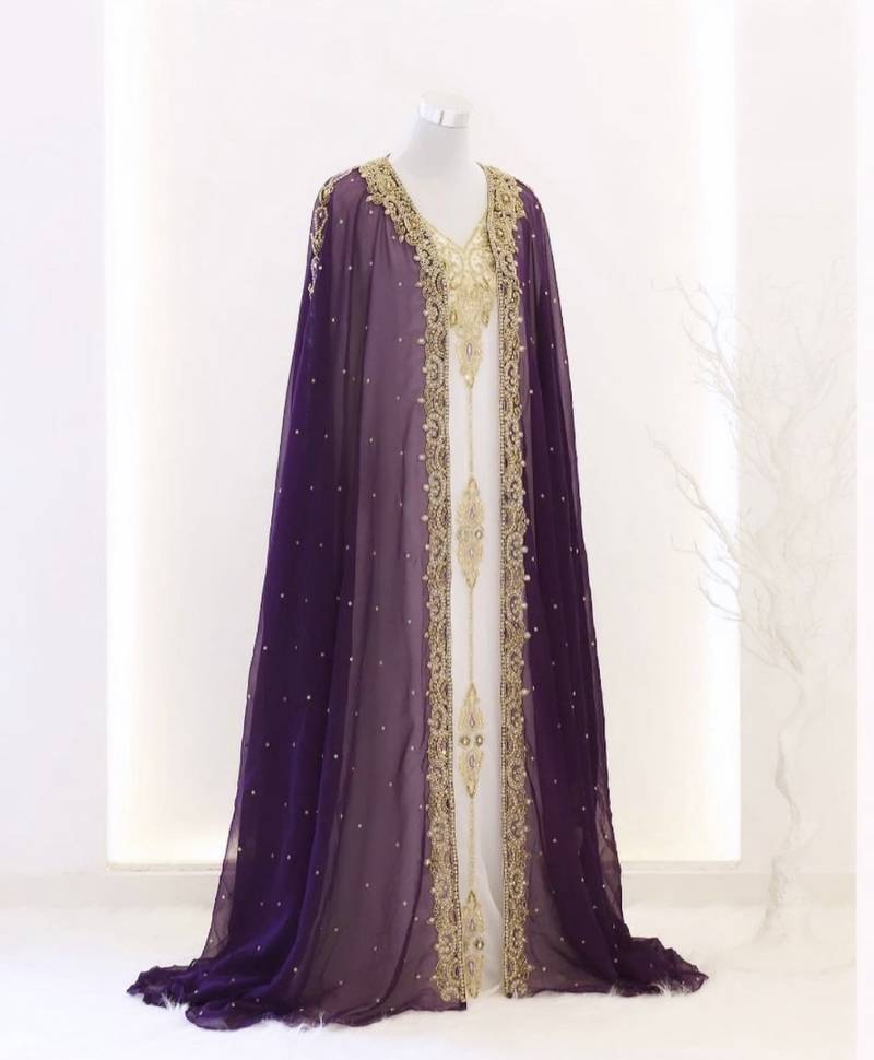 Purple & White Zari Embroidered Georgette Kaftan (1-Pc) - Image 1