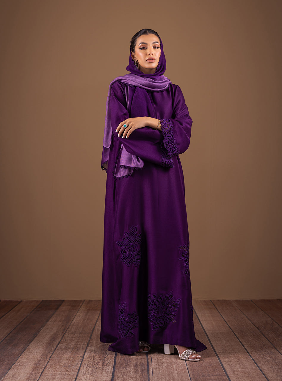 Dark Purple Cutwork Raw Silk Kaftan (2-Piece) - Image 1