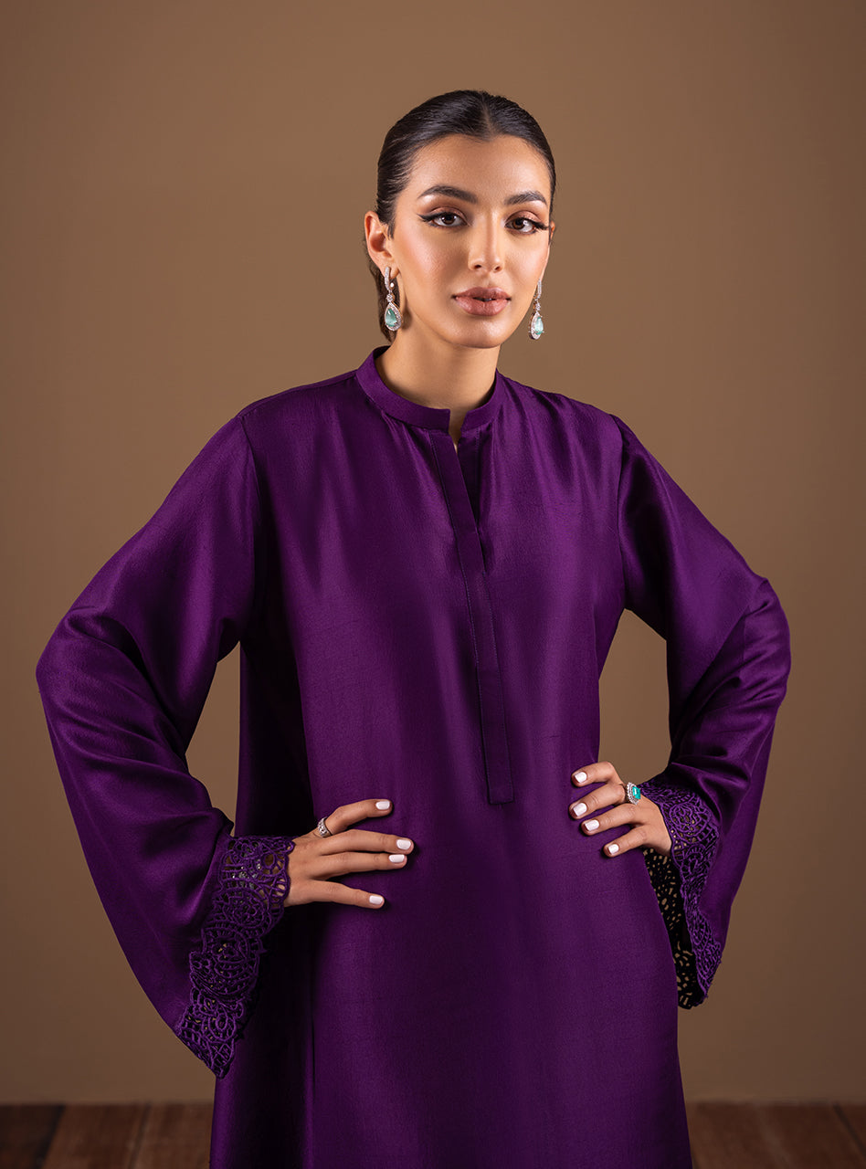 Dark Purple Cutwork Raw Silk Kaftan (2-Piece) - Image 3