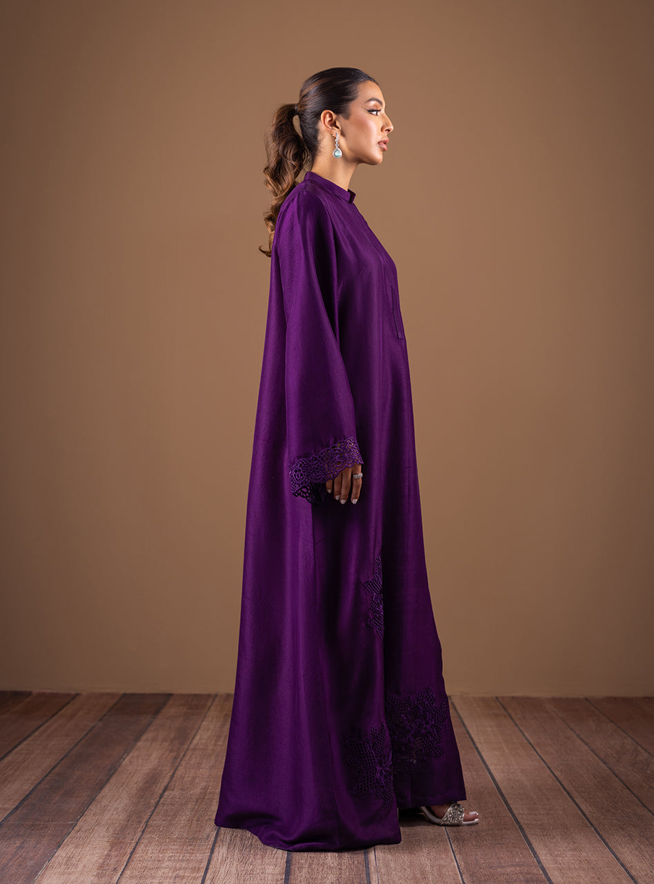 Dark Purple Cutwork Raw Silk Kaftan (2-Piece) - Image 4