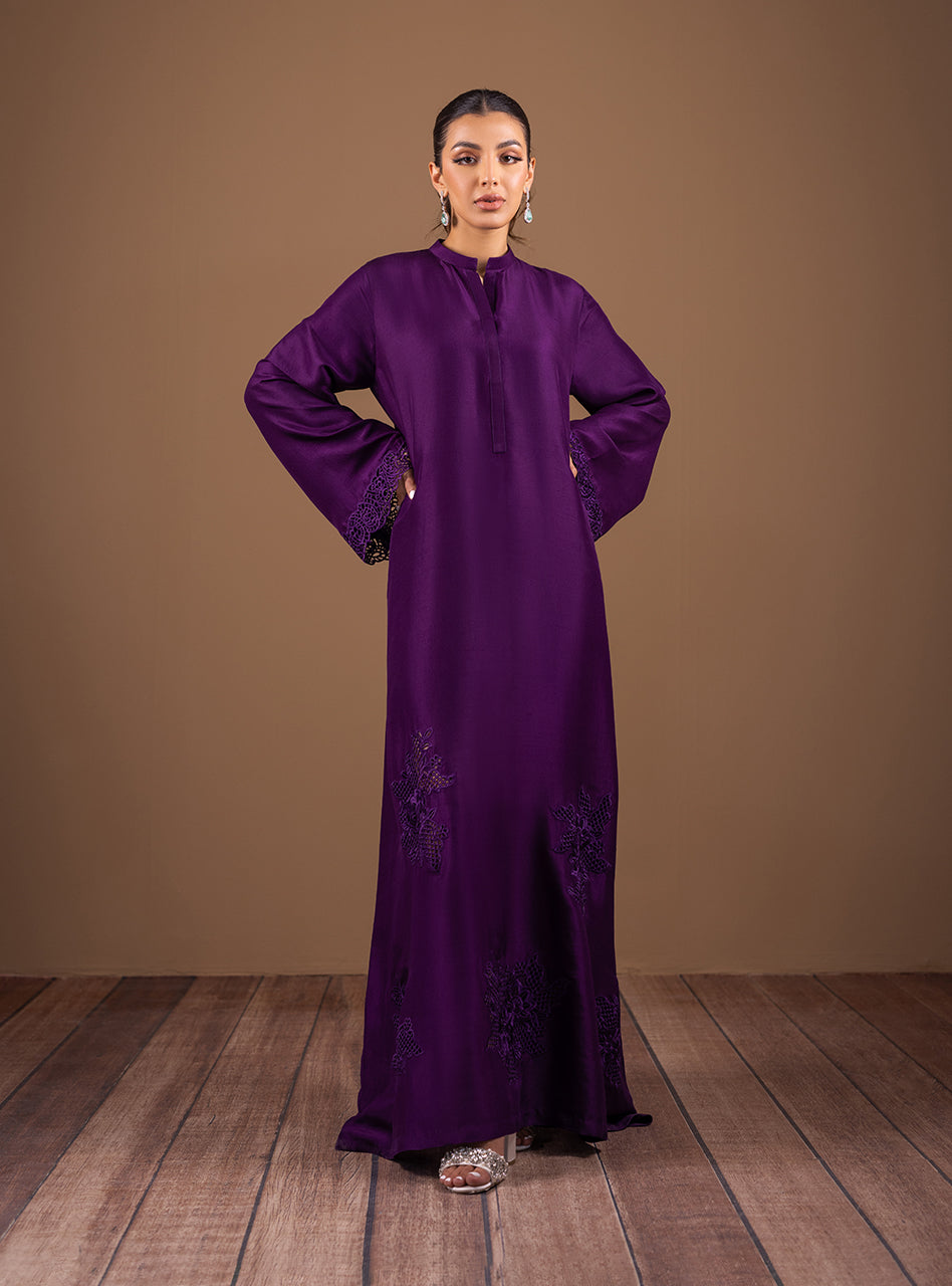 Dark Purple Cutwork Raw Silk Kaftan (2-Piece) - Image 5