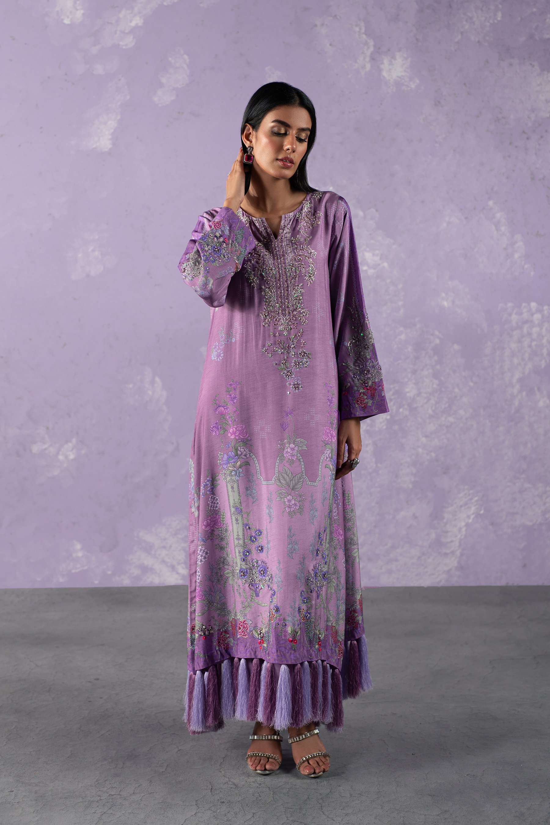 Lavender Embellished Blended Raw Silk Kaftan (2-Piece) - Image 1