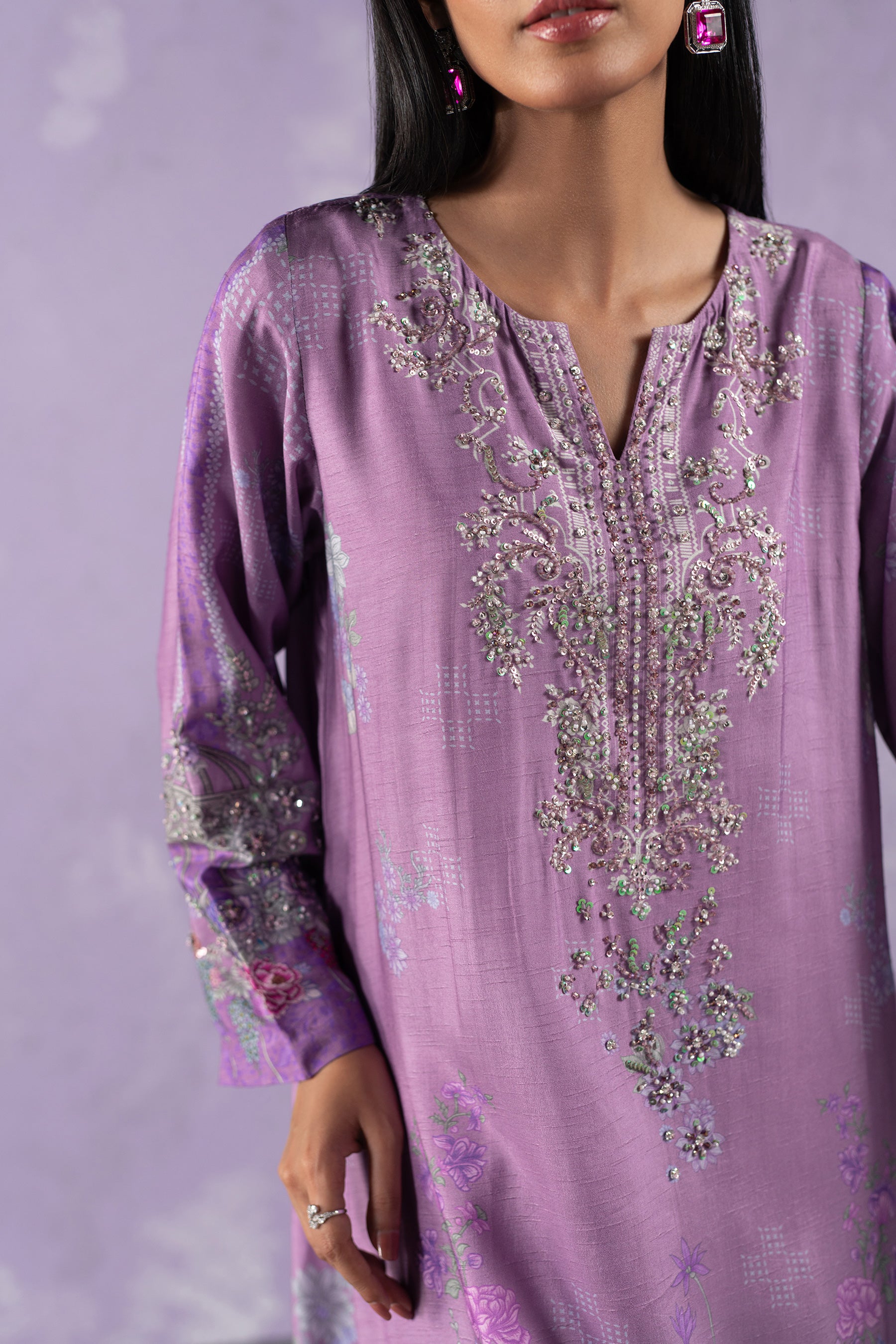 Lavender Embellished Blended Raw Silk Kaftan (2-Piece) - Image 3