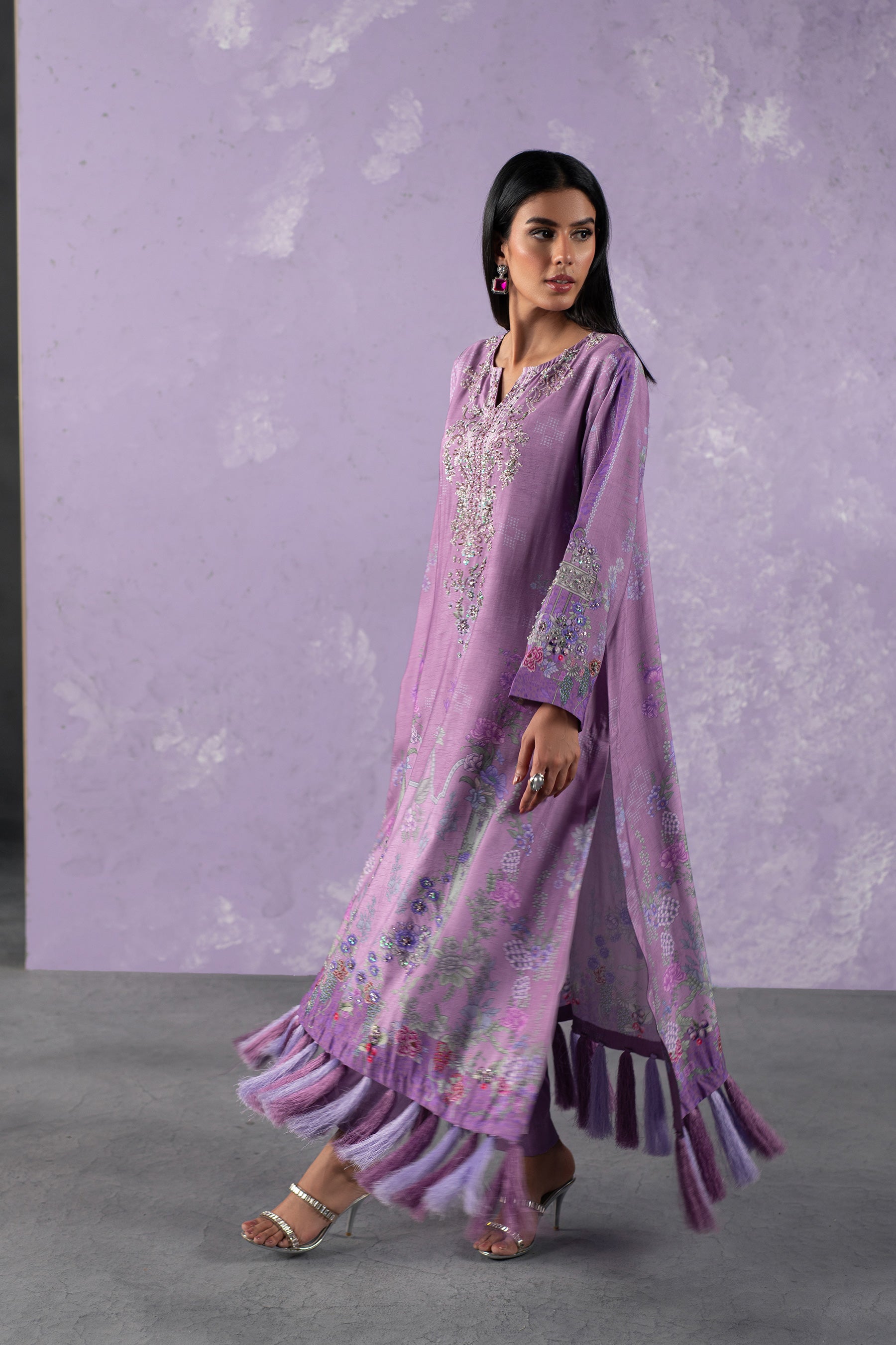 Lavender Embellished Blended Raw Silk Kaftan (2-Piece) - Image 4