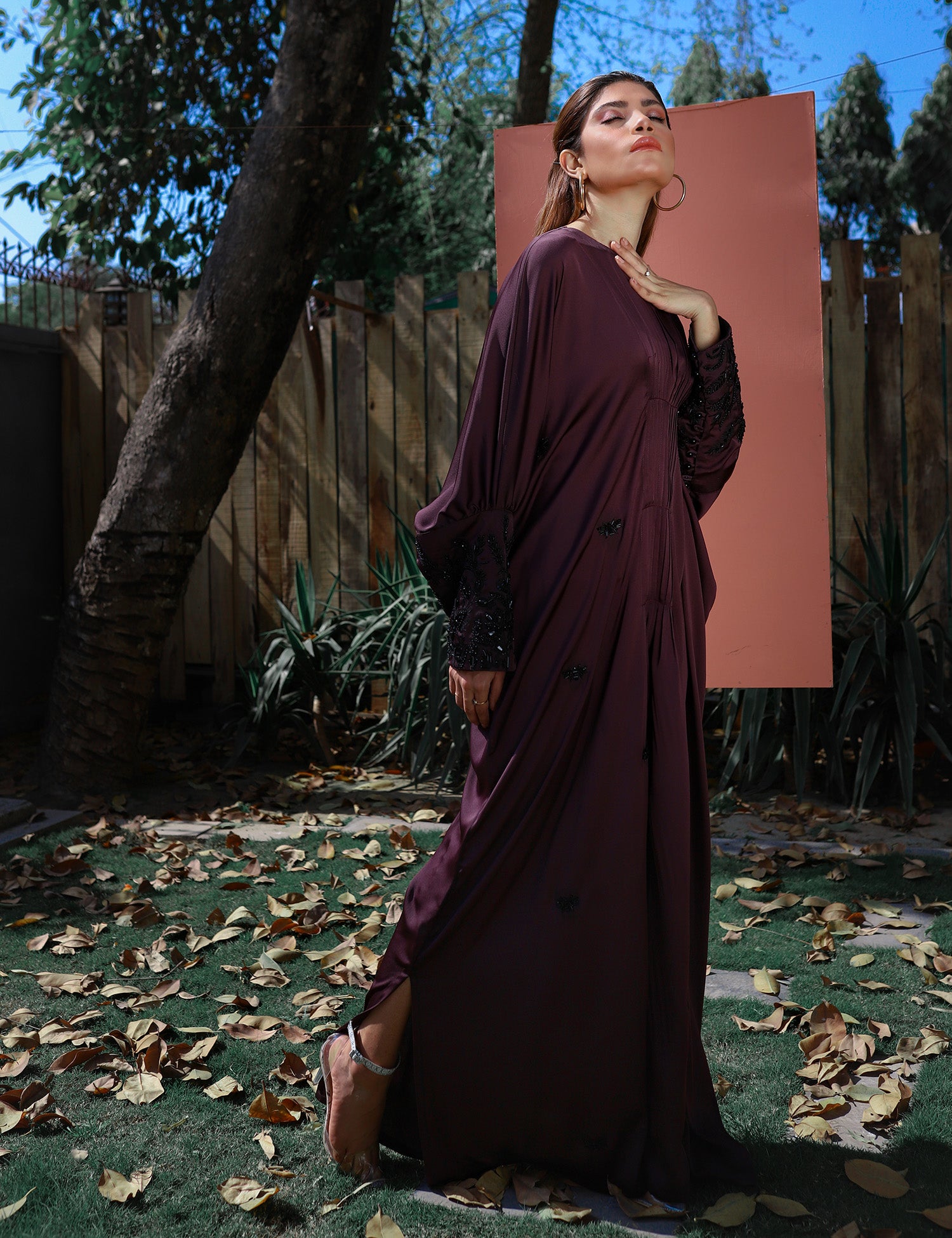 Pakistani Purple Beaded Silk Kaftan (1-Pc) - Image 1