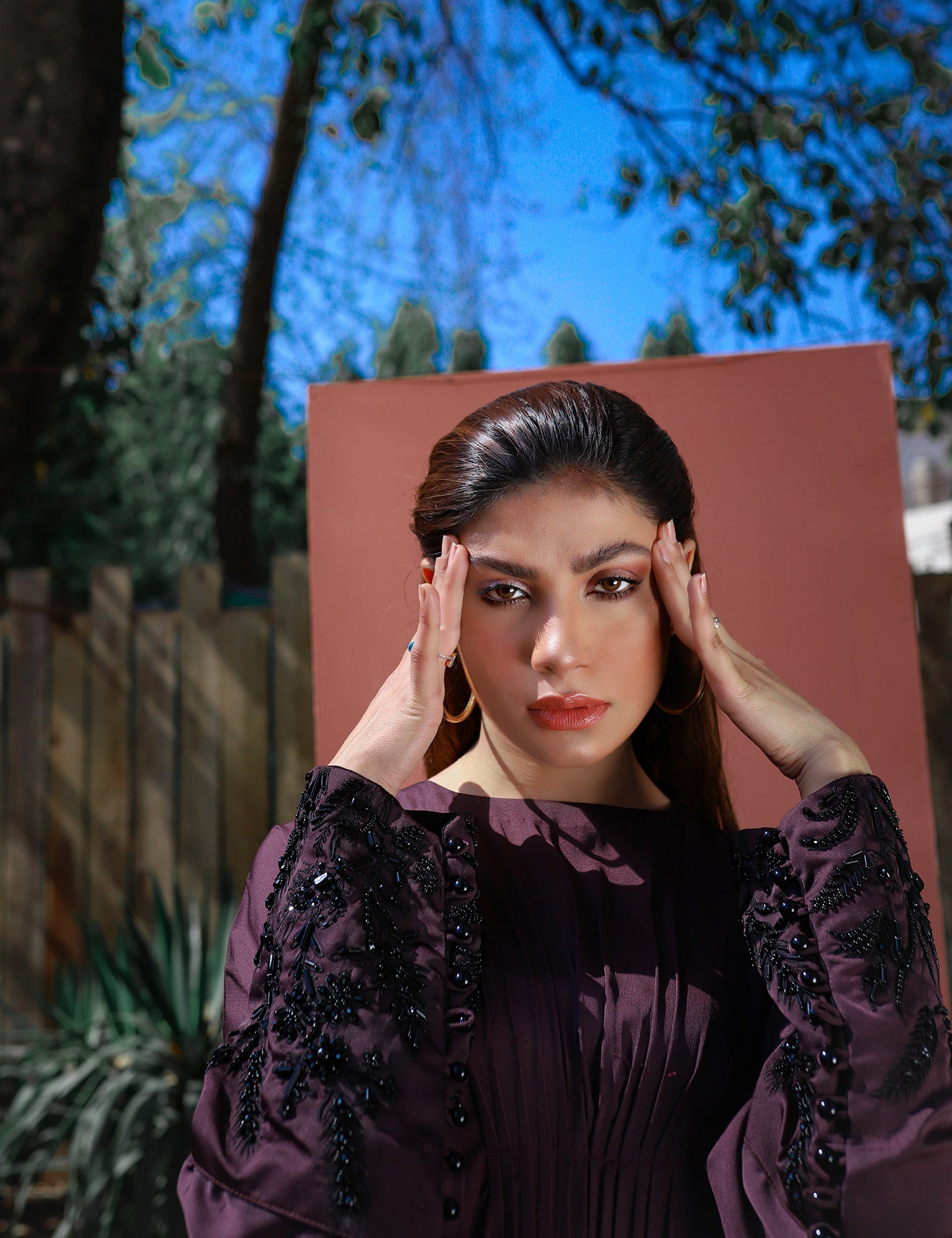 Pakistani Purple Beaded Silk Kaftan (1-Pc) - Image 2