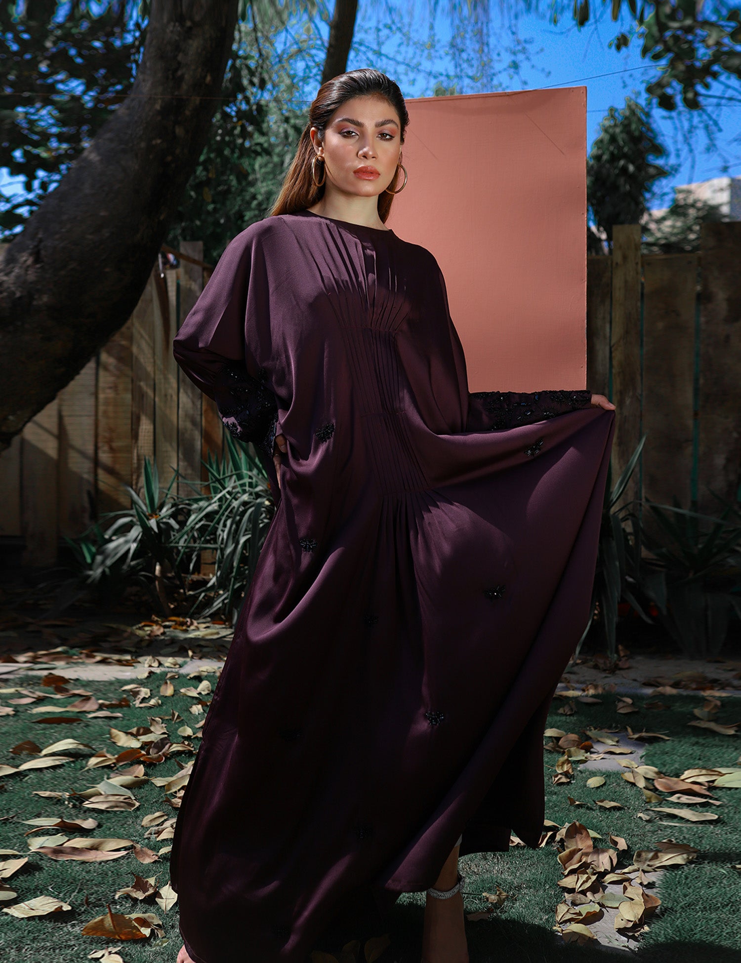 Pakistani Purple Beaded Silk Kaftan (1-Pc) - Image 3