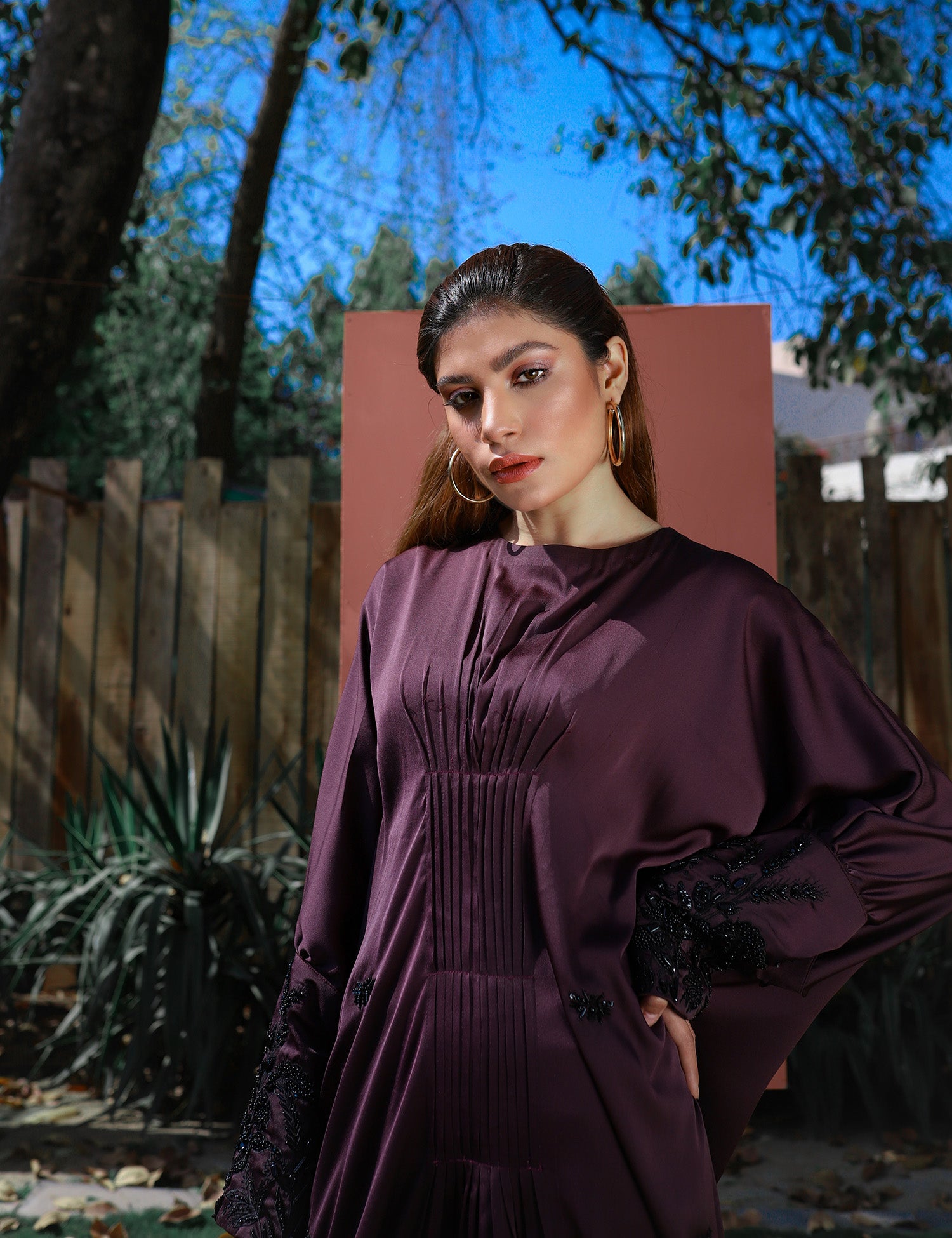 Pakistani Purple Beaded Silk Kaftan (1-Pc) - Image 4