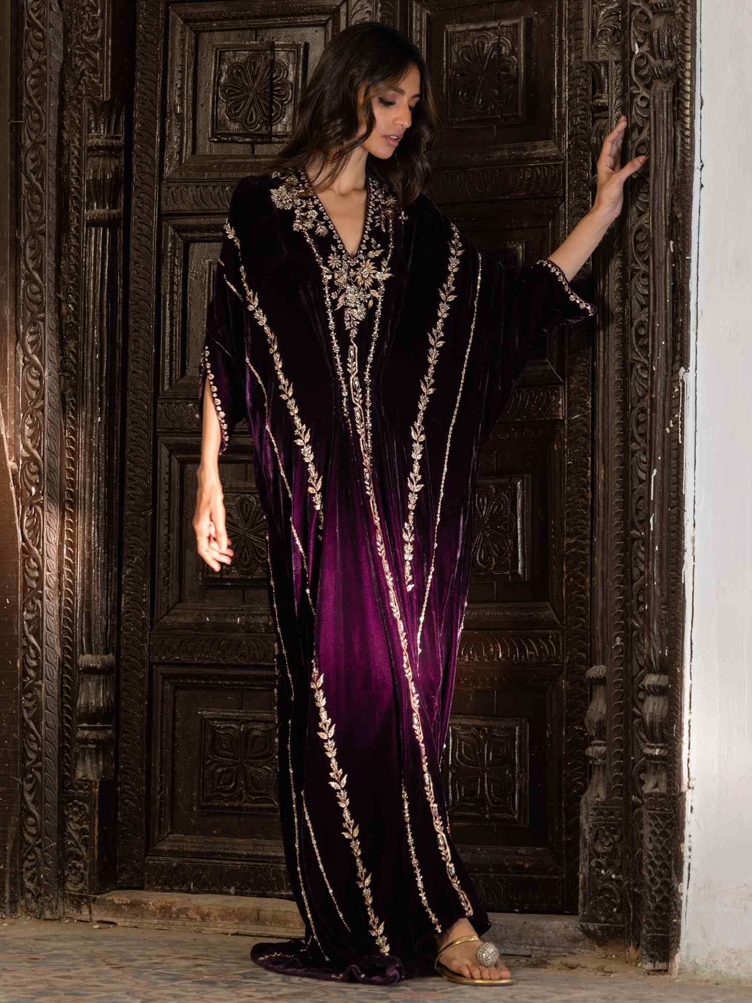 Aubergine Embellished Velvet Kaftan (1-Pc) - Image 1