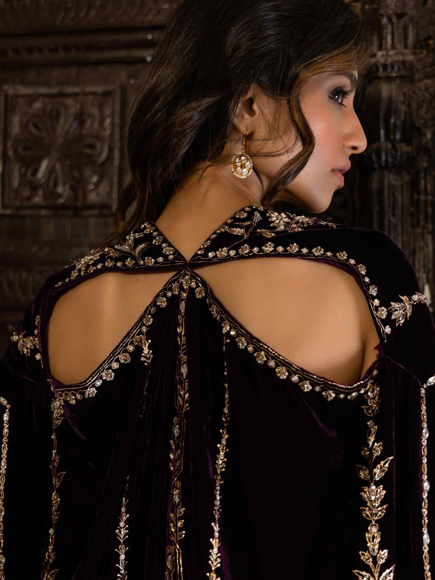 Aubergine Embellished Velvet Kaftan (1-Pc) - Image 2