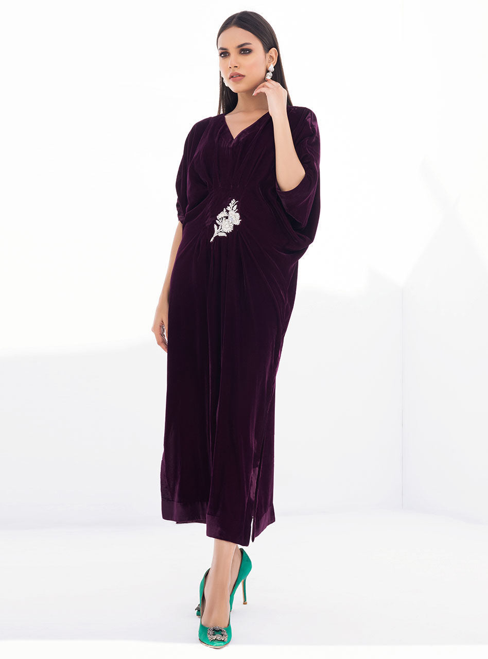Pakistani Plum Hand Embroidered Velvet Kaftan (1-Pc) - Image 1