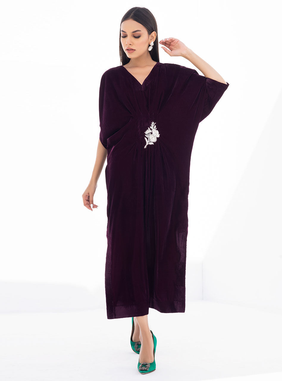 Pakistani Plum Hand Embroidered Velvet Kaftan (1-Pc) - Image 2