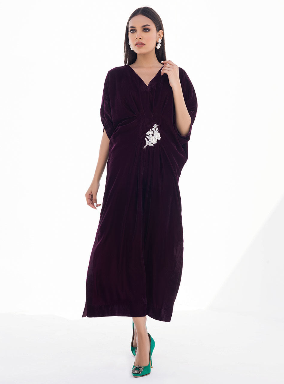 Pakistani Plum Hand Embroidered Velvet Kaftan (1-Pc) - Image 3