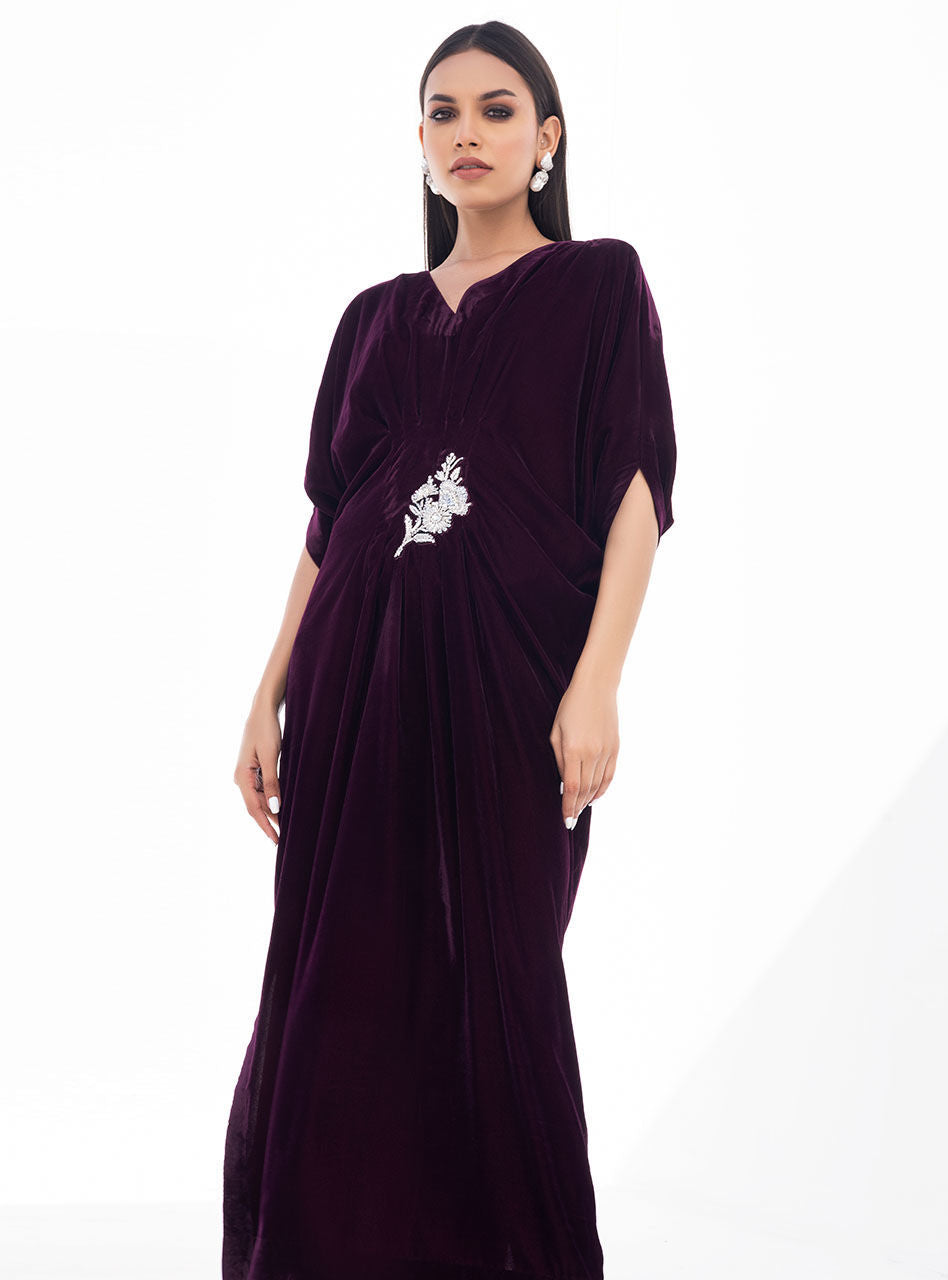 Pakistani Plum Hand Embroidered Velvet Kaftan (1-Pc) - Image 4